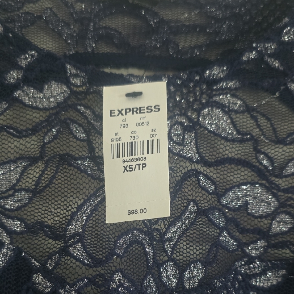 Express Midnight Blue & Silver Shimmer Floral Lace Dress (NWT)(XS)💙🤍💙 - Picture 5 of 9